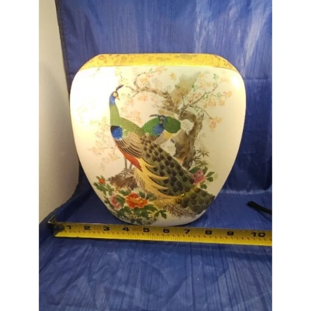 Vintage Satsuma Flat Oval Vase Peacock Floral Design Gold Trim Japanese Ceramic